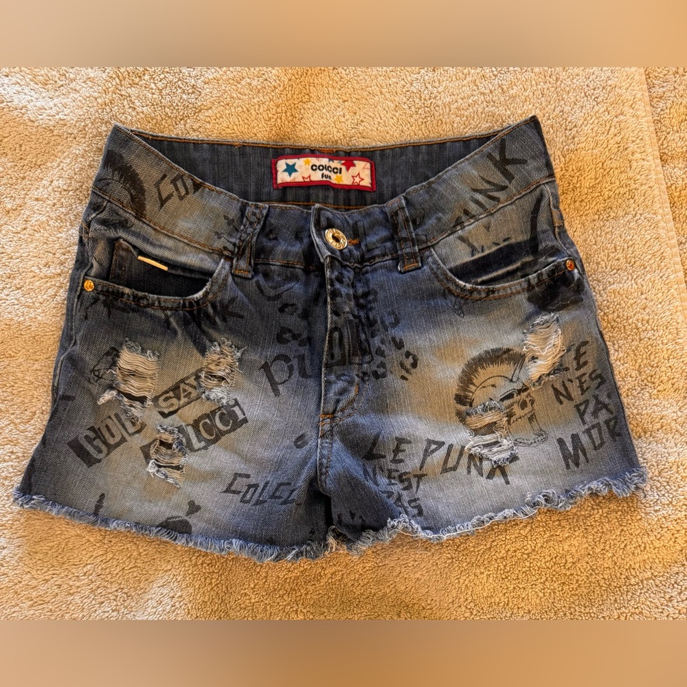 Colcci fun Girl Graffiti Denim Cut-Off Shorts 5-Pocket Frayed Hem 100% Cotton 14